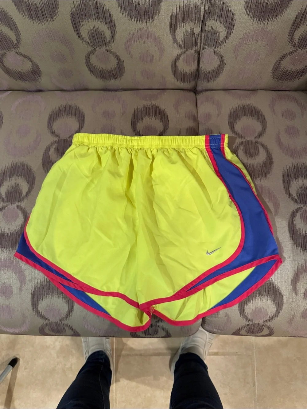 Nike Women’s Bright Yellow Athletic Shorts with Blue Panels and Pink Trim - Picture 5 of 5
